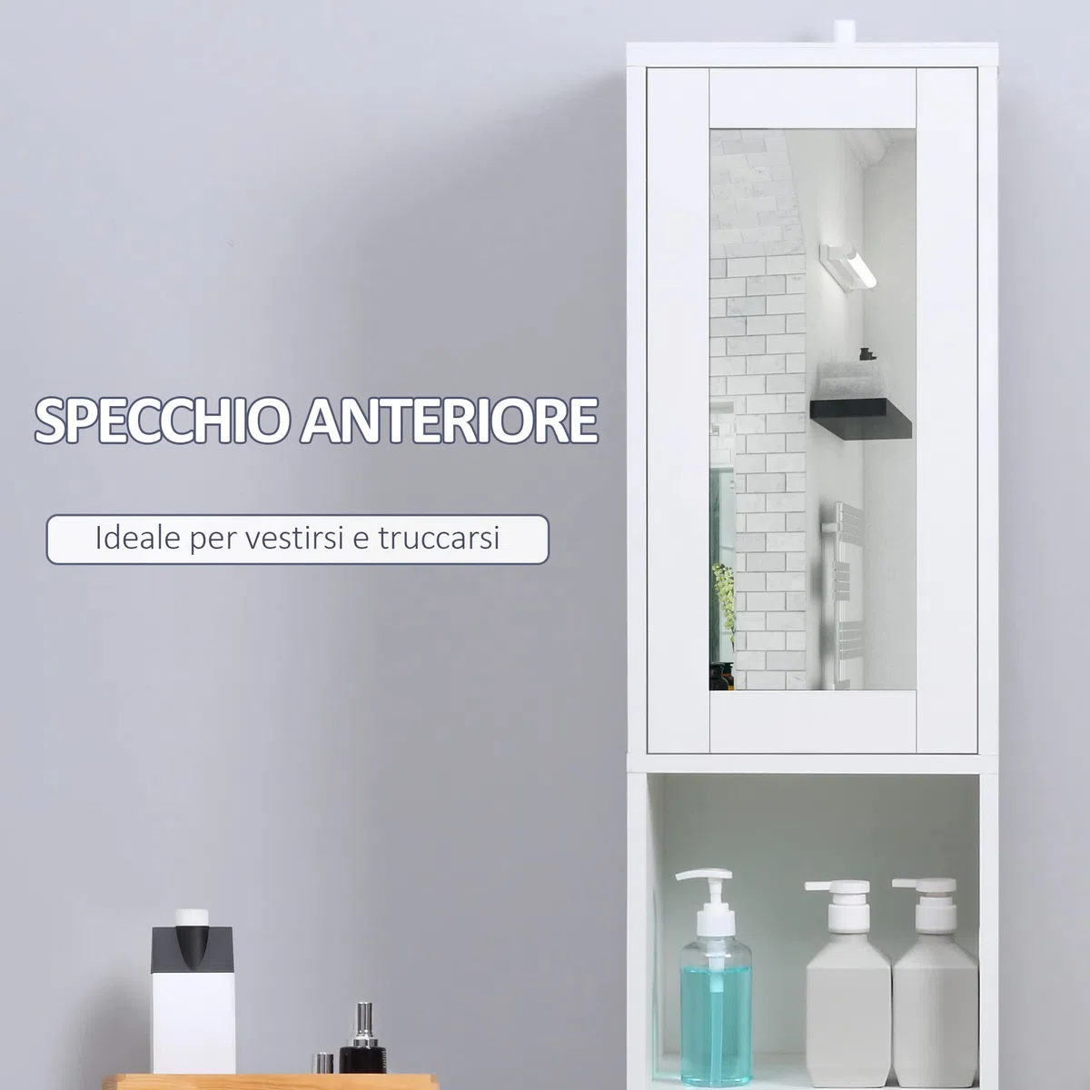 kleankin Colonna Bagno Salvaspazio con Specchio e Apertura a Pressione, Mobile da Bagno Multiuso in Legno, 30x28x170cm, Bianco