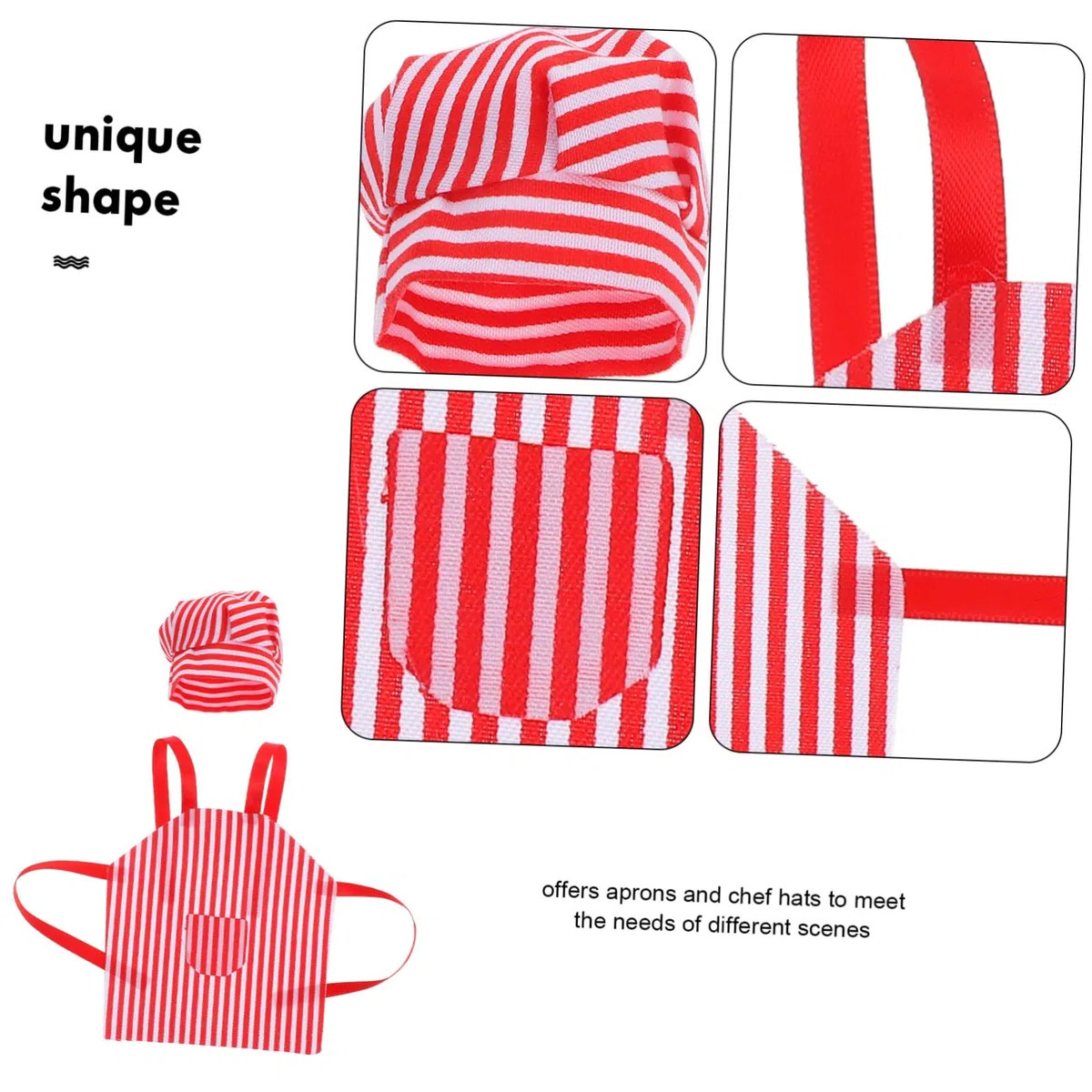 Housoutil Set di mini grembiule e cappello da chef per casa delle bambole scene in miniatura uniche forniture artigianali per bambole design a righe rosse e bianche