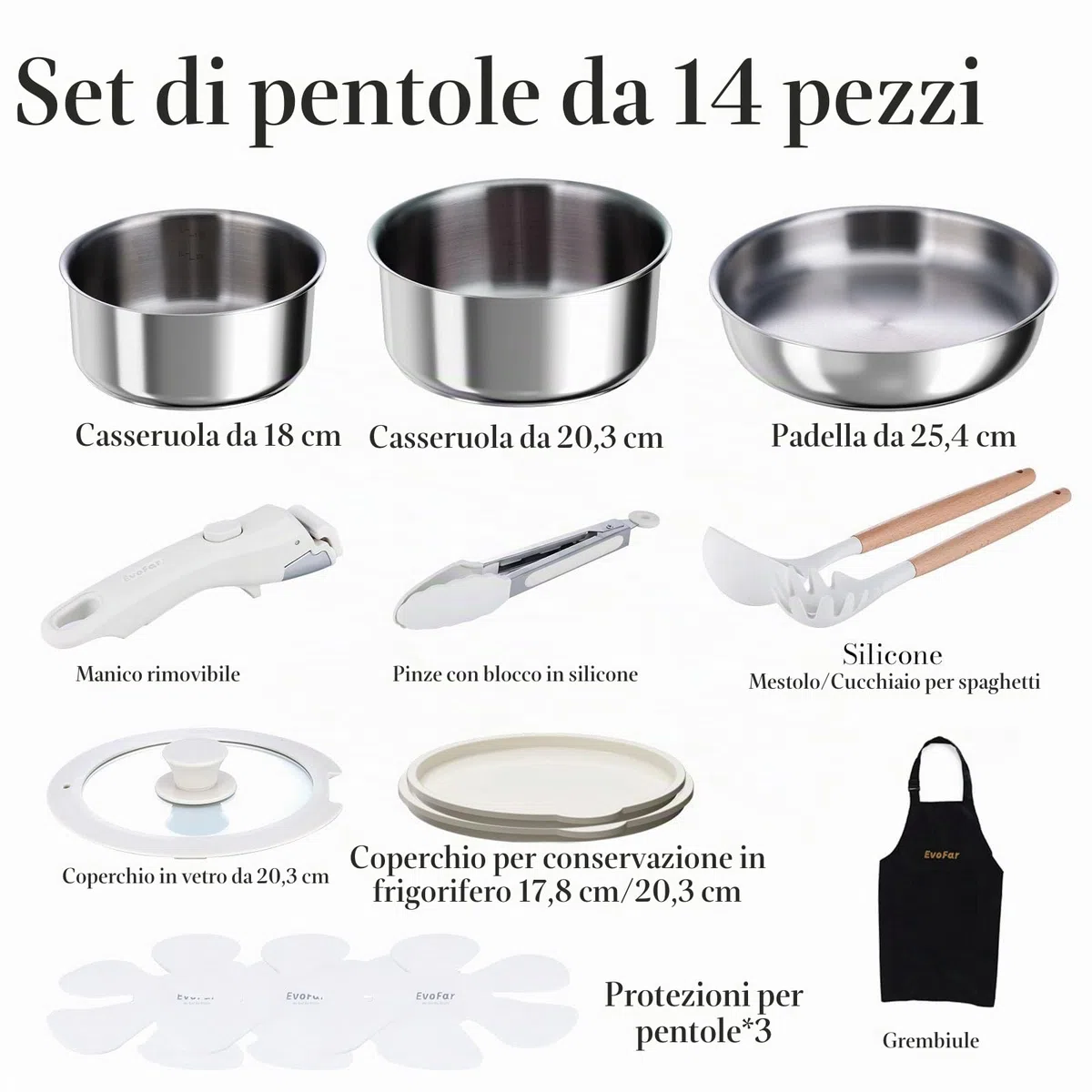 Set di pentole in acciaio inox, 14 pezzi, con manici rimovibili, padella da 24 cm, pentola da 18/20 cm, impilabile, adatto a tutti i tipi di piano cottura (argento)