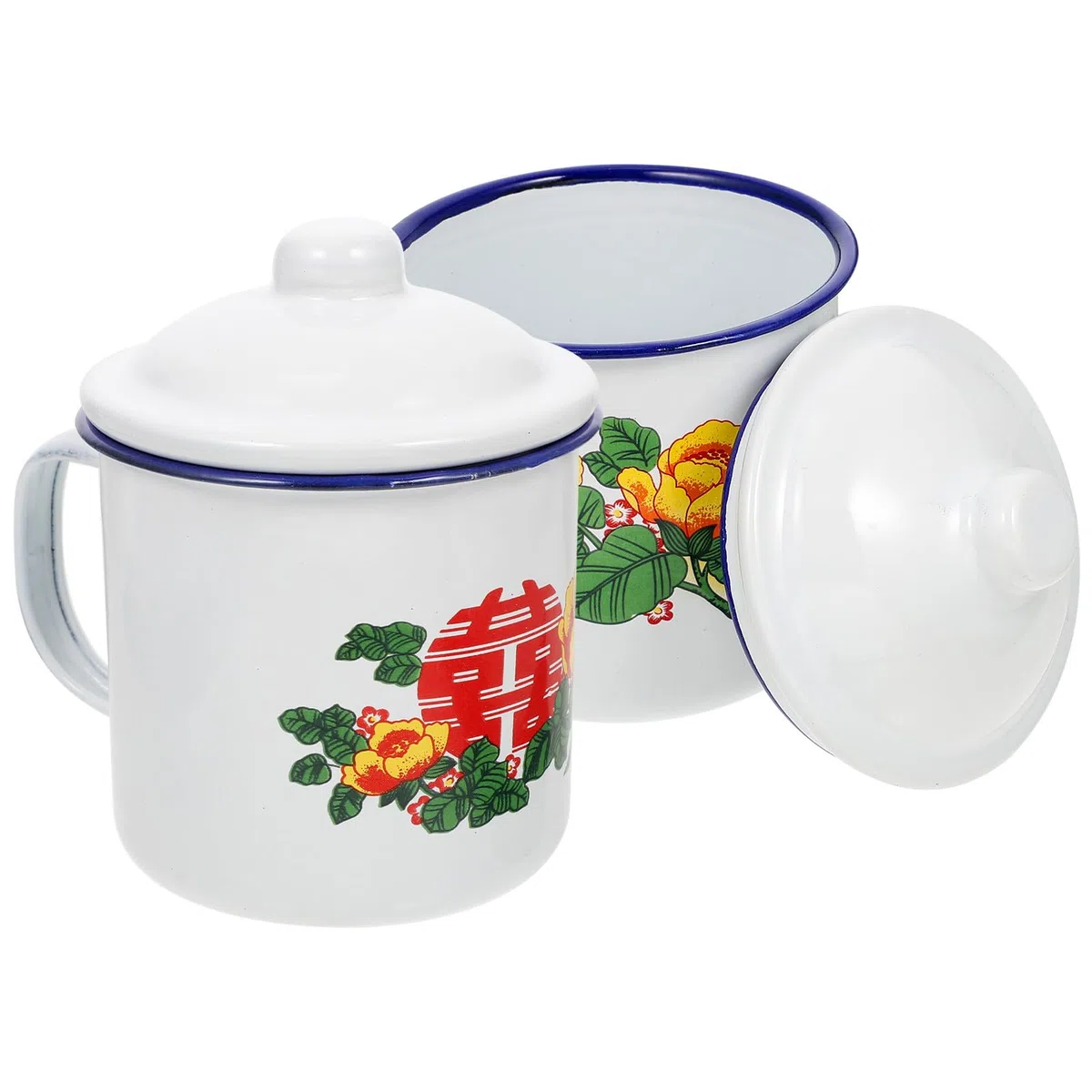 KICHOUSE Tazze da Tè Smaltate Vintage 500ml Coperchio, Set 2 Pezzi Tazza D’acqua Retrò in Smalto Rosso, Bicchieri per Uso Domestico e Feste, Design Artigianale Resistente e Base