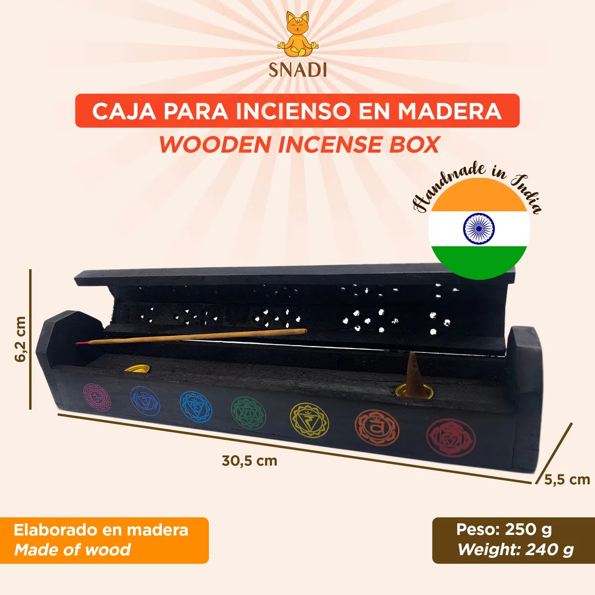 Bruciatore di Incenso Artigianale (Porta Incenso) | Scatola di Legno | Design dei Chakra | Fatto a Mano in India | Calore e Tranquillità | 30.5 x 6.2 x 5.5 cm | Decorativo e Funzionale