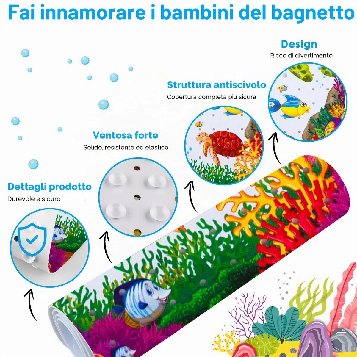 Tappetino Doccia Antiscivolo, 100 x 40cm Tappeto Antiscivolo Bambini per Vasca da Bagno, Doccia, Resistente Alla Muffa e Lavabile in Lavatrice-Senza BPA (C)