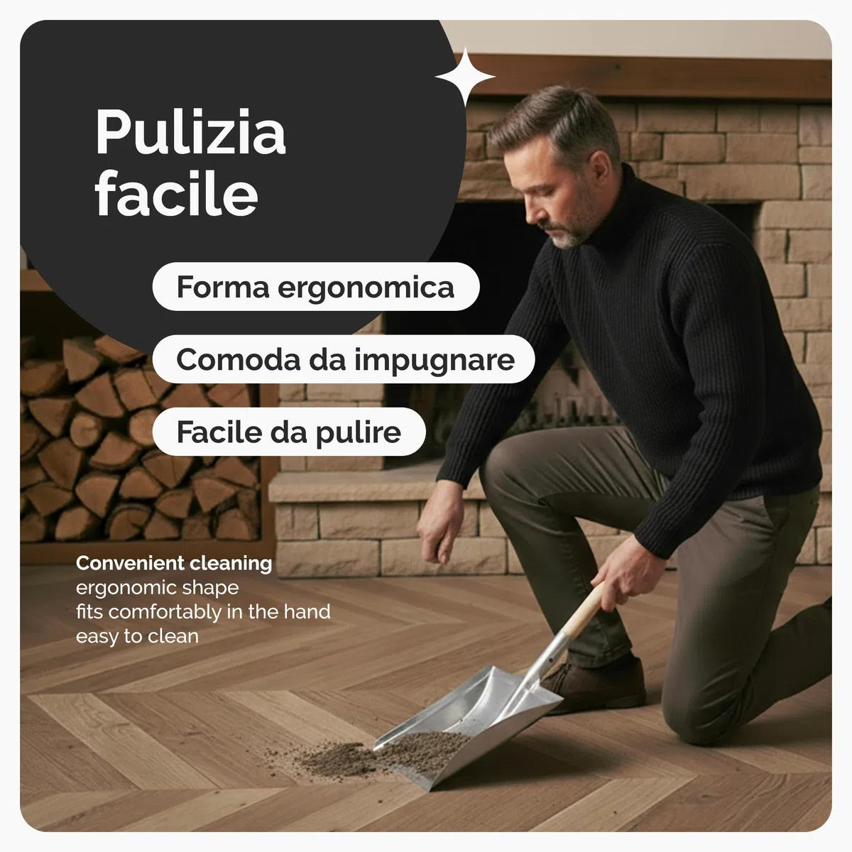 Garronda Paletta in metallo con manico in legno, pala da giardino robusta ideale per pulizie di carbone, cenere e segatura, paletta camino per uso interno ed esterno GD-0002 (Argento)