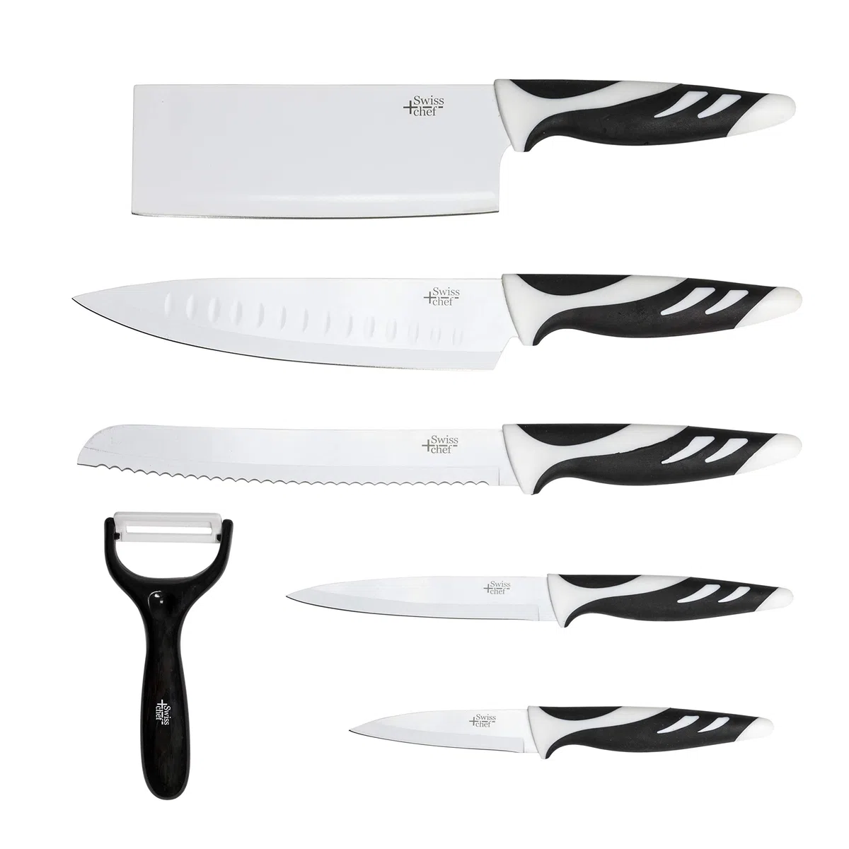 Cecotec Swiss Chef Knife Set Impugnatura con inserti in silicone, rivestimento antiaderente in ceramica, bianco e nero, presentato in un astuccio