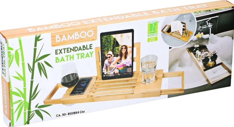 alpina Vassoio Vasca da Bagno Regolabile - Vassoio Portaoggetti 50-92 x 18 x 4 cm - Mobile Bagno Bambù con Supporto per Libri e Supporto per Tablet - Incl. Porta Bicchieri - Accessori Bagno