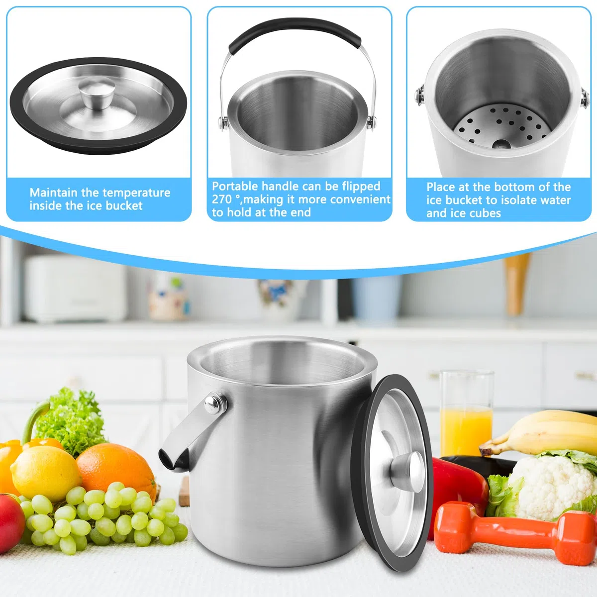 1.6L Secchiello Ghiaccio, Secchiello Ghiaccio Vino Acciaio Inox a Doppia Parete Isolante, Porta Ghiaccio con Coperchio, Pinze e Filtro, per Champagne, Contenitore per Ghiaccio, Bar, Cocktail