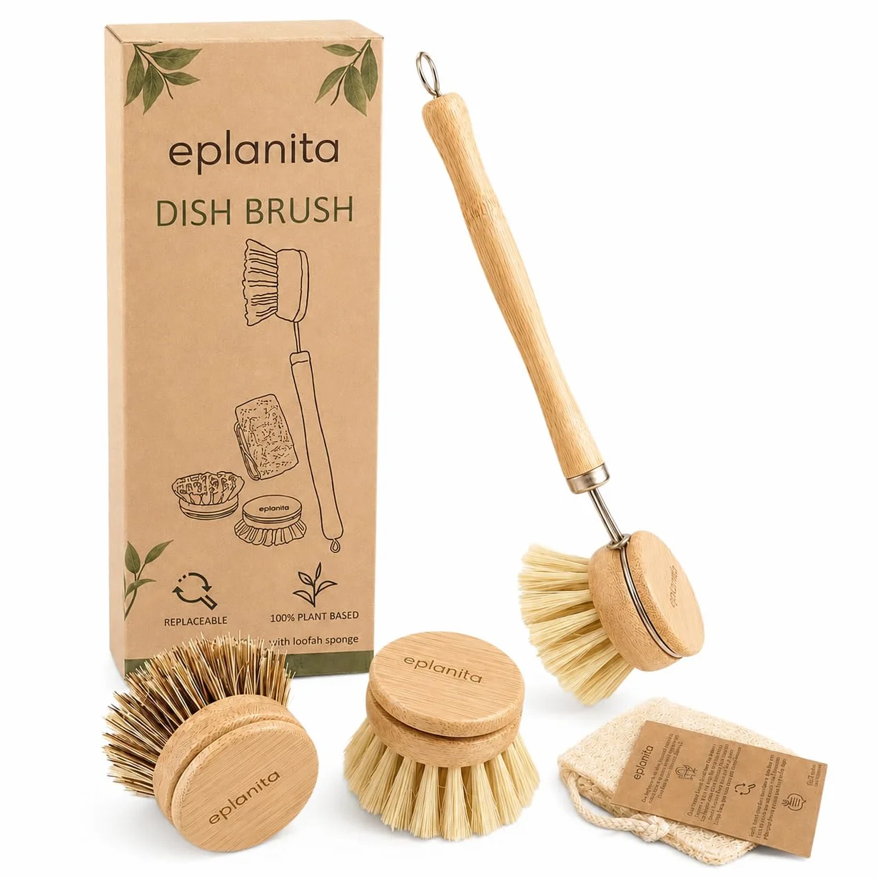 eplanita Spazzola per Piatti in Legno di Bambù, Setole Naturali in Fibra di Agave, Testine Intercambiabili con 2 di Ricambio, Spazzola Lavapiatti da Cucina, Spugna di Luffa per Piatti Inclusa
