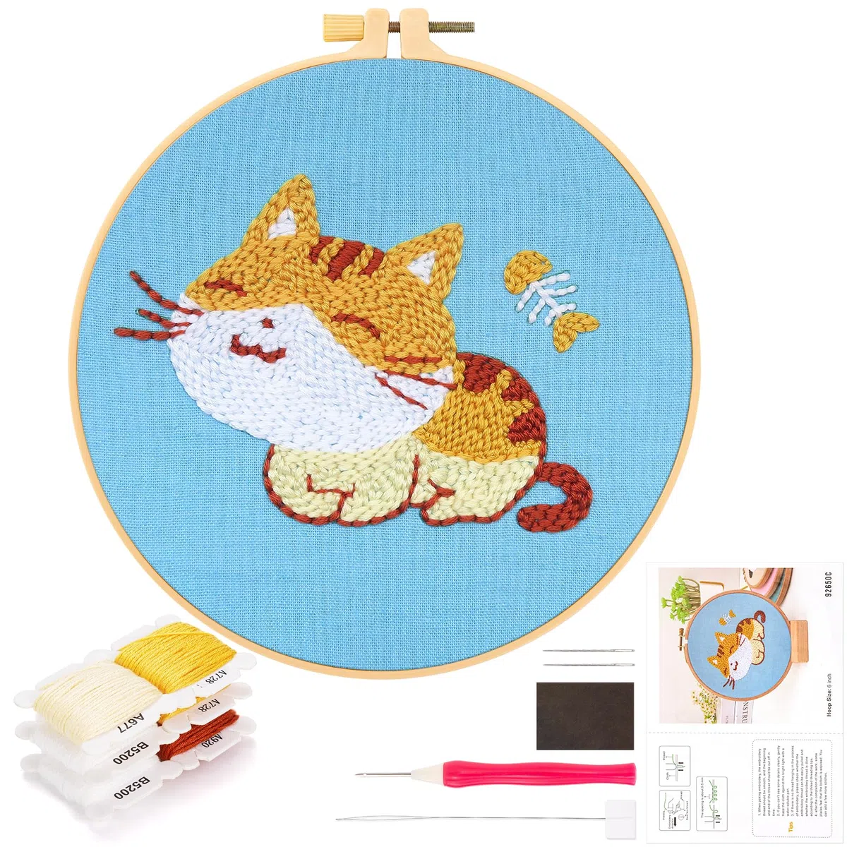 JSRQT Punch Needle Starter Kit,Kit di Ricamo per Aghi da Punzonatura con Motivo Gatto,Kit per Principianti per Ricami,Strumento di Ricamo Aghi da Punzonatura per Principianti Bambini Adulti
