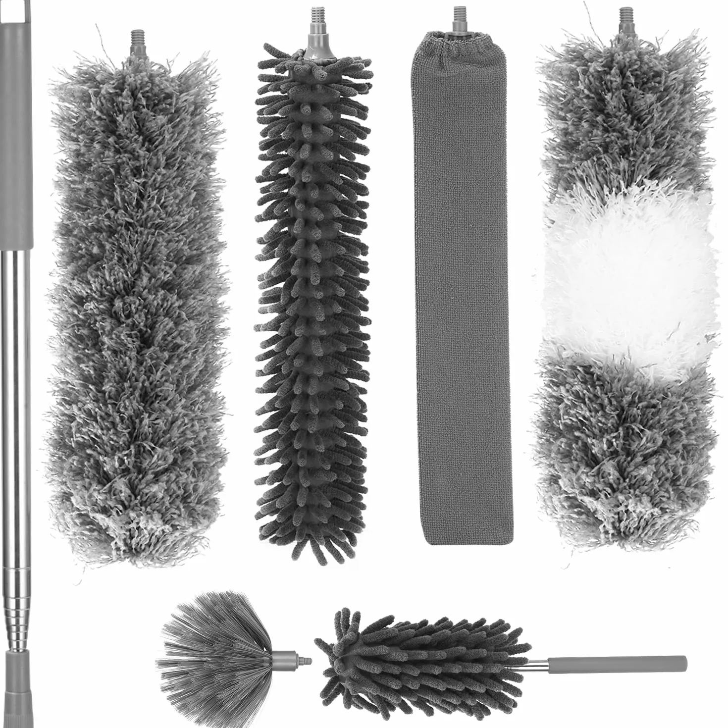 7 Pezzi Spolverino per Polvere Microfibra Lavabile, Togli Ragnatele Allungabile 27-256 cm,Bastone Telescopico per Pulizia, Spolverino Telescopico per Ragnatela,TV,Ventilatori Soffitto,Tapparelle,Tetti