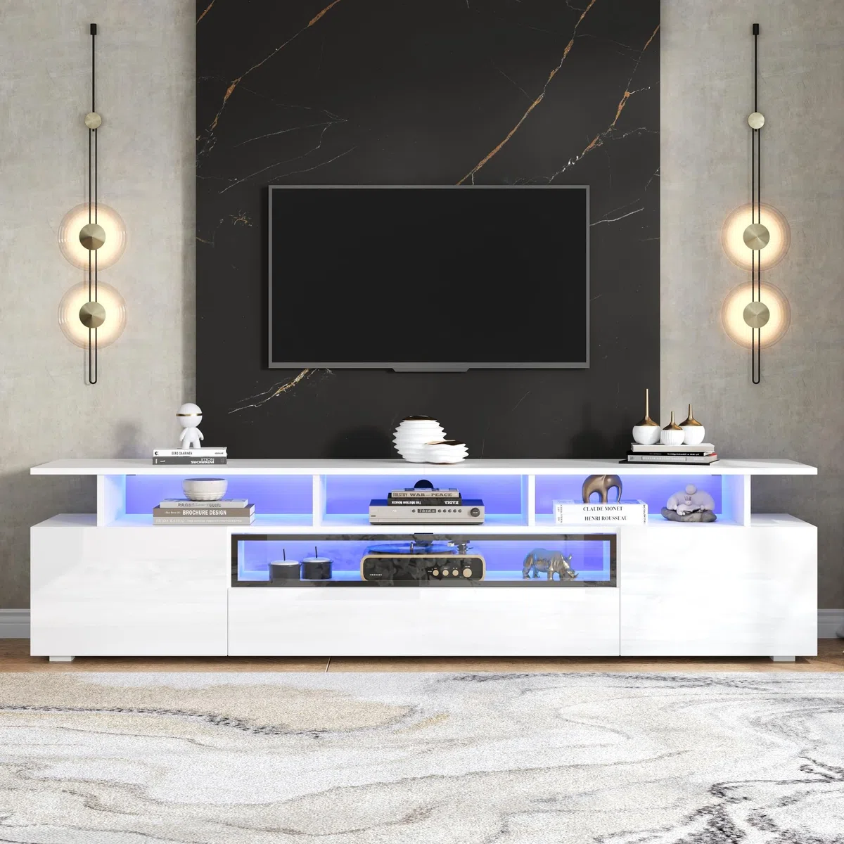 Mobile TV, 180 x 38 x 45 cm, con 2 armadi e 1 cassetto, basso con LED e 10 ripiani, adatto per TV da 75 pollici