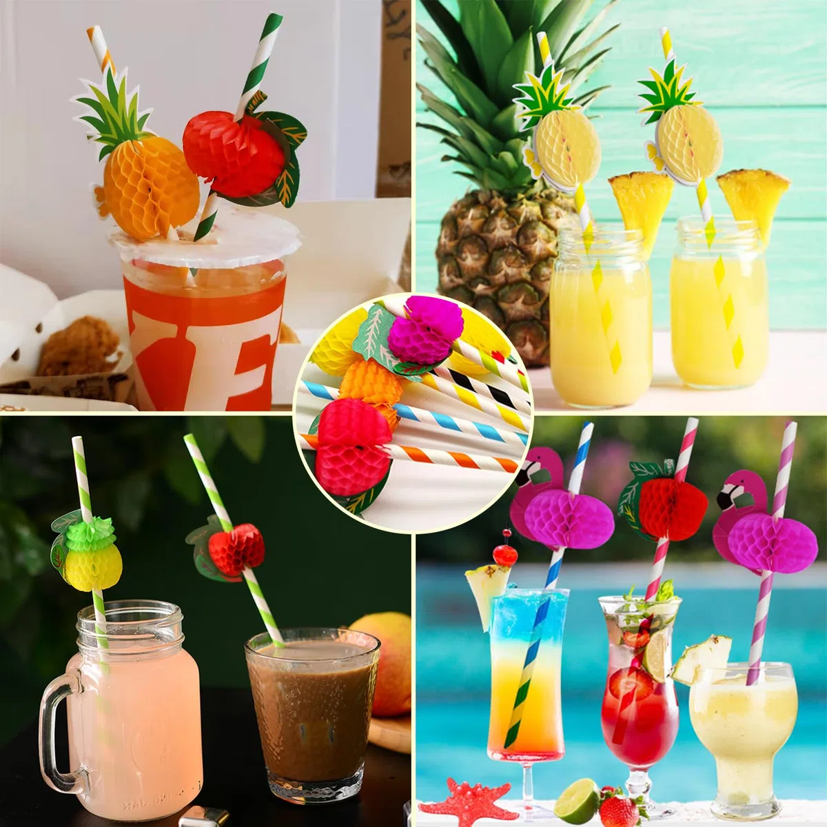60 cannucce divertenti hawaiane per cocktail party – frutta 3D, fenicottero, carta usa e getta per decorazioni tropicali, bevande fredde, succhi di frutta