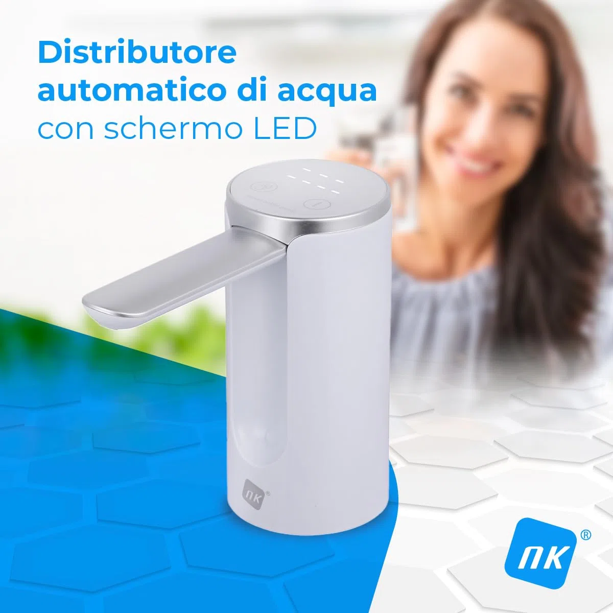 NK Distributore d'acqua con display a LED - Automatico, 4 volumi di erogazione 200/600/800ml/continua, 1200mAh, Touch Control, bottiglie e caraffe da 1,5L, 5,7L, 10L, 11,3L, 15L, 18,9L - Colore bianco