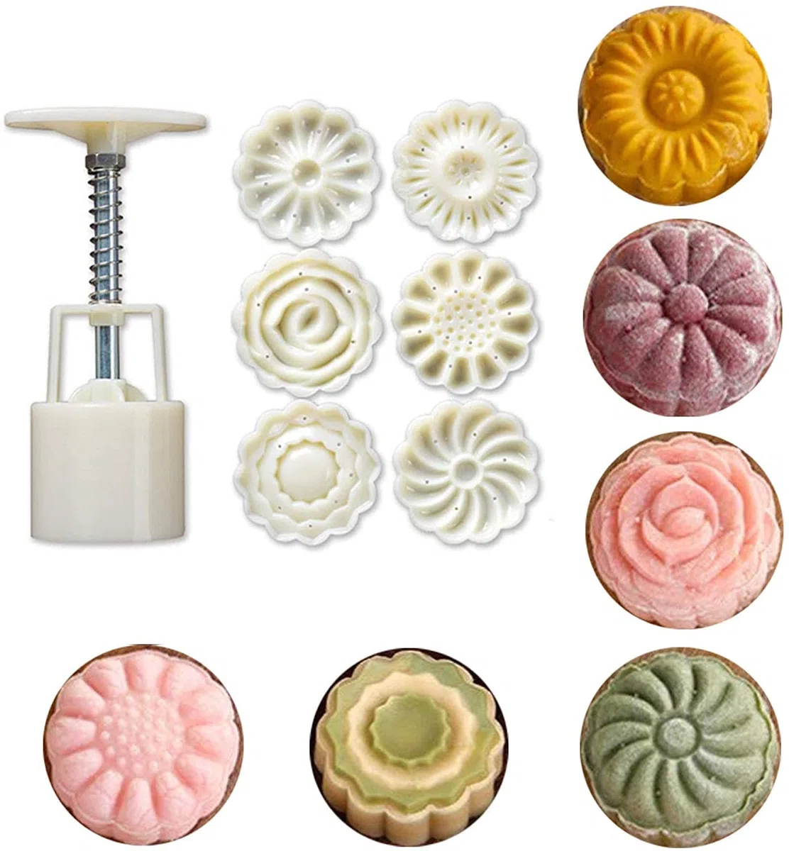 7 Pezzi Mooncake Stampa Formine per Biscotti Timbro Presse Muffin e Cupcake con Fiore Fai da Te Utensili da Forno Pasticceria Fondente Decorazione
