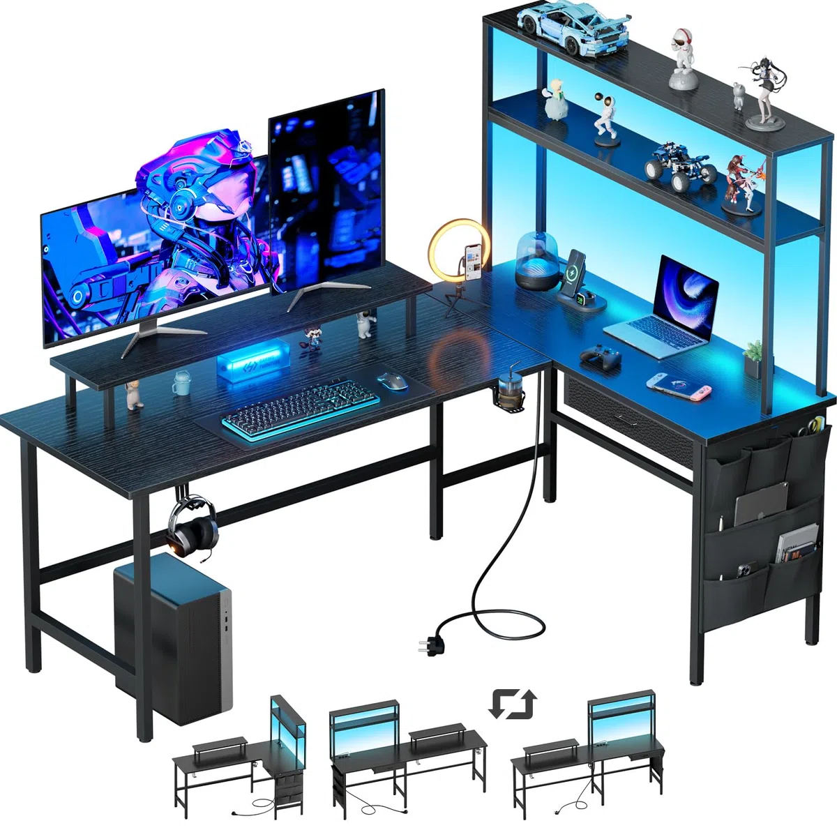 HLFURNIEU Scrivania Angolare con LED, 150 x 100 cm Scrivania Gaming a L con 3 Prese & 2 Porta USB, Tavolo Angolo Salvaspazio, con Libreria, Cassetti & Borsa Portaoggetti, Supporto per Monitor, Nero