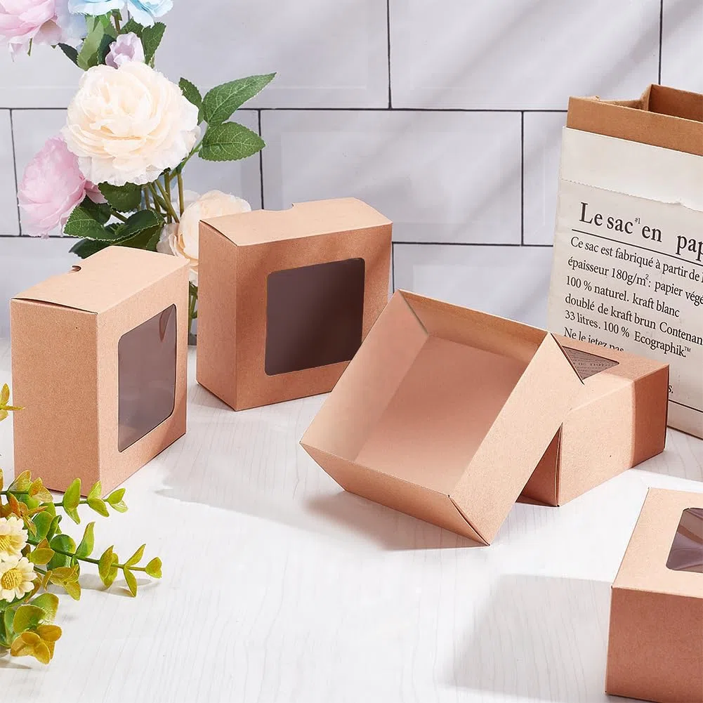 BENECREAT 12 scatola di Carta Kraft Marrone con Finestra Trasparente, Confezione Regalo Quadrata In Carta Kraft Da 10x10x5 cm, Adatto per Regali di Nozze, Imballaggio Gioielli