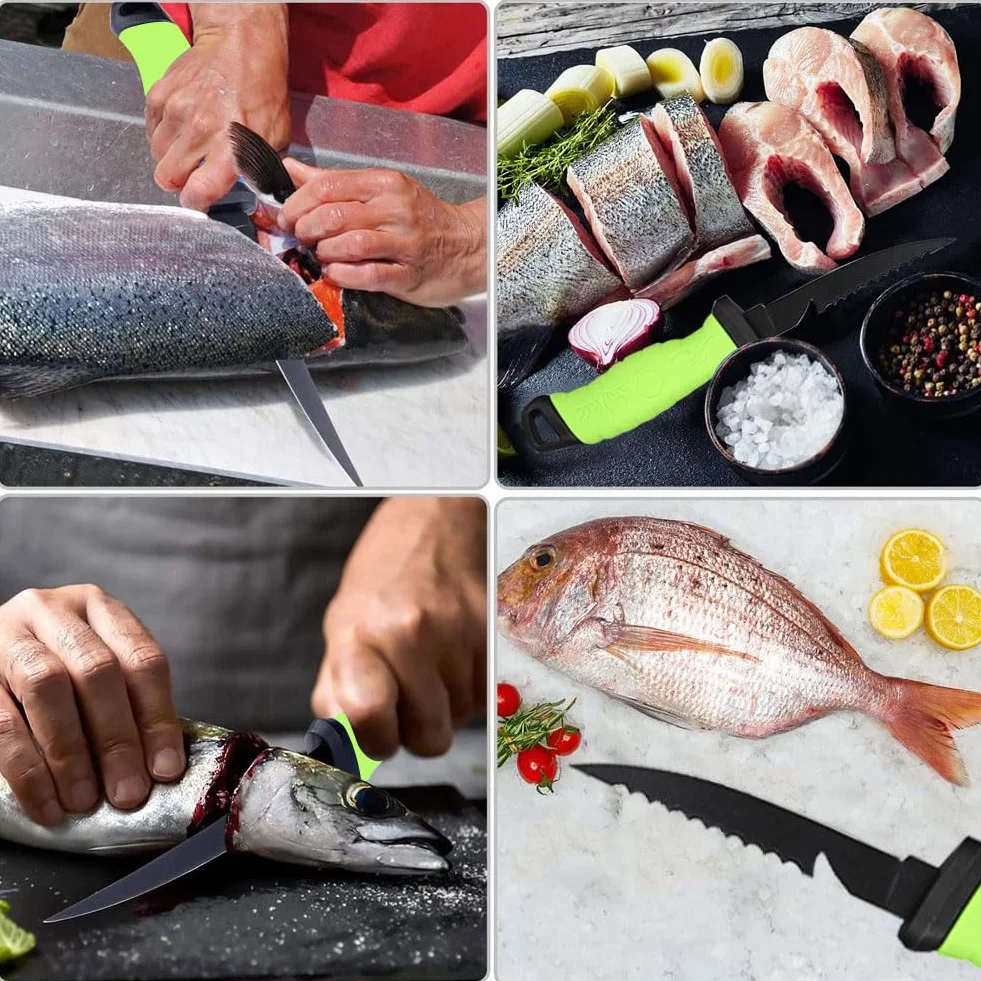 Comioke Coltello per Sfilettare 7", Coltello per Filettare, Coltelli da Disosso con Fodero Ventilato e Affilatore, per Disossare Carne e Pesce (Verde)