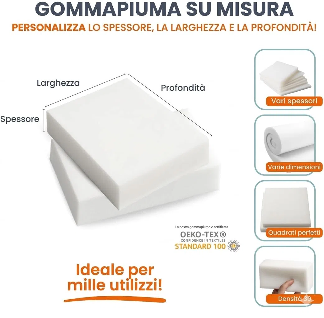 fashion home Pagano Gommapiuma Alta Densità per Imbottitura – Ideale per Divani, Cuscini e Materassi, Resistente e Indeformabile Made in Italy (50x100x5 cm)