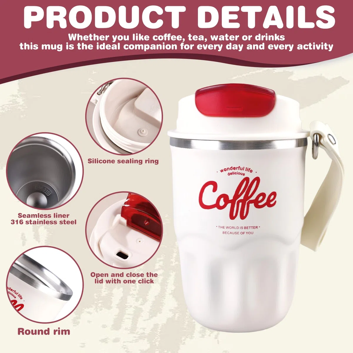 Tazza termica da 360 ml, in acciaio inox, a prova di perdite, con coperchio, in acciaio inox 316, indicatore intelligente della temperatura, per auto, casa, viaggi