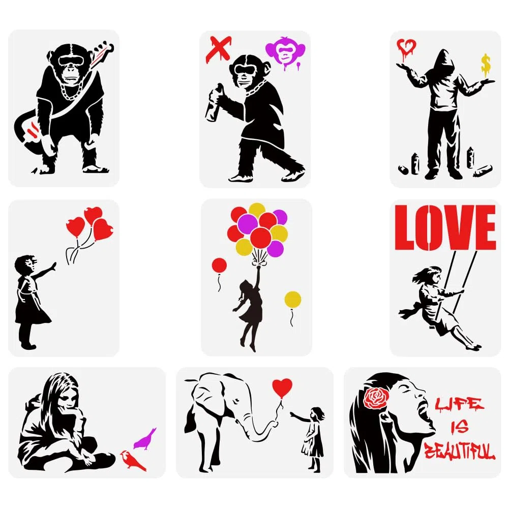 FINGERINSPIRE 9 pezzi Stencil per Pittura Banksy 21x29,7cm Riutilizzabili Banksy Ragazza Ragazzo Scimpanzé Modello di Disegno Life is Beautiful Stencil Decorativo per Dipingere su Legno Parete Tessuto