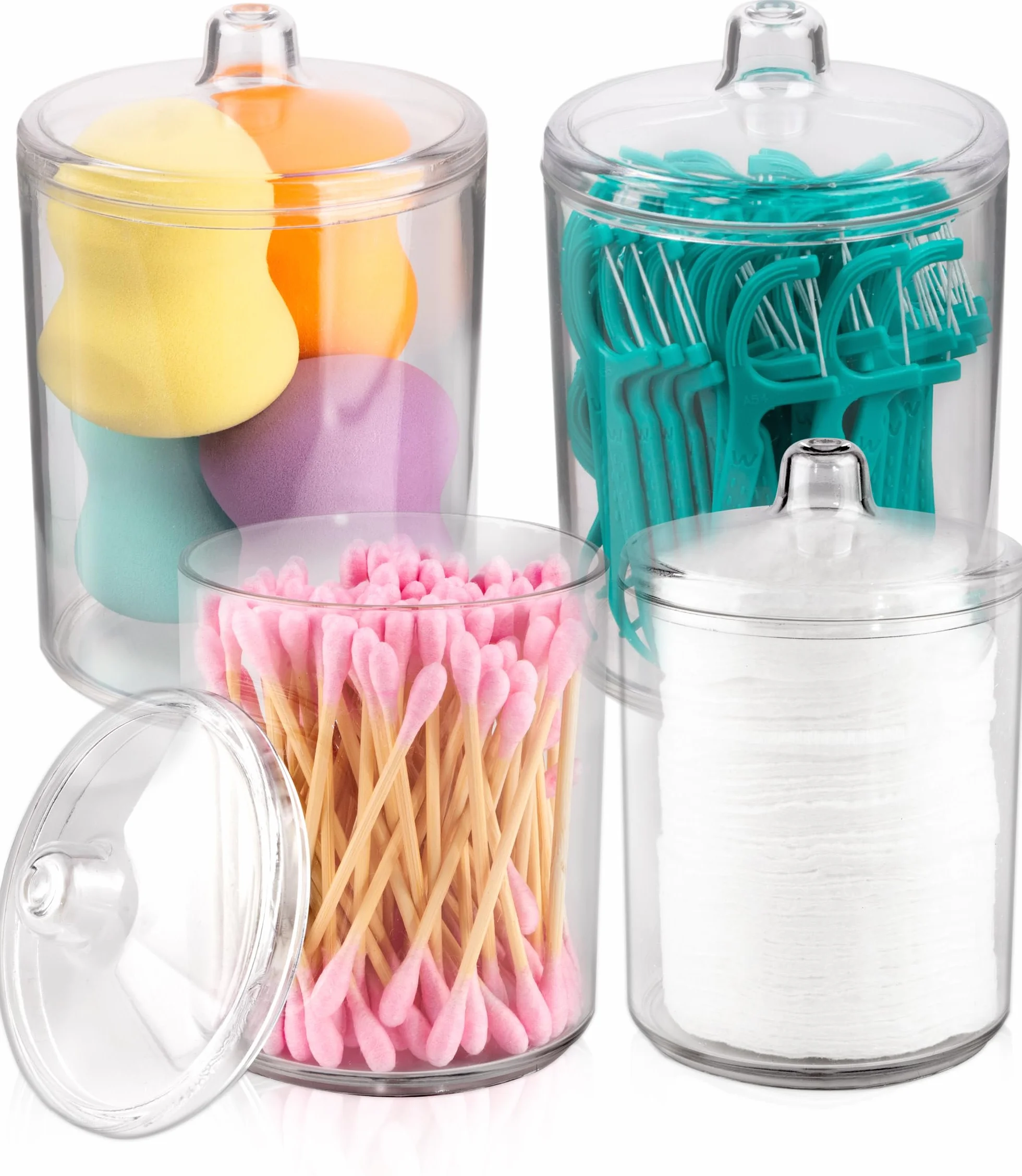 Qtip Holder Vanity Makeup Organizer Storage, barattoli in plastica trasparente con coperchi, dispenser per tamponi, 2 x 10 oz e 2 x 7 oz, confezione da 4