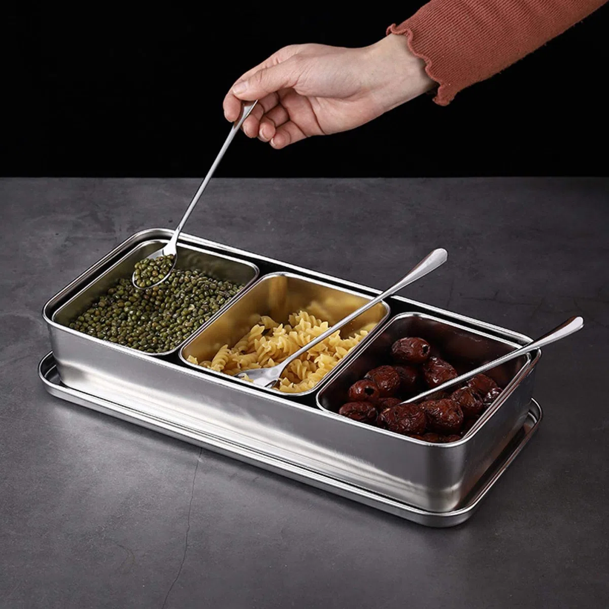 Scatola per Condimenti, Portacondimenti Set di 3 Condimento Box Spezia Jar, Sei Scatola di Condimento in Acciaio Inox Estraibili con Coperchio e 3 cucchiai per spezie, condimenti