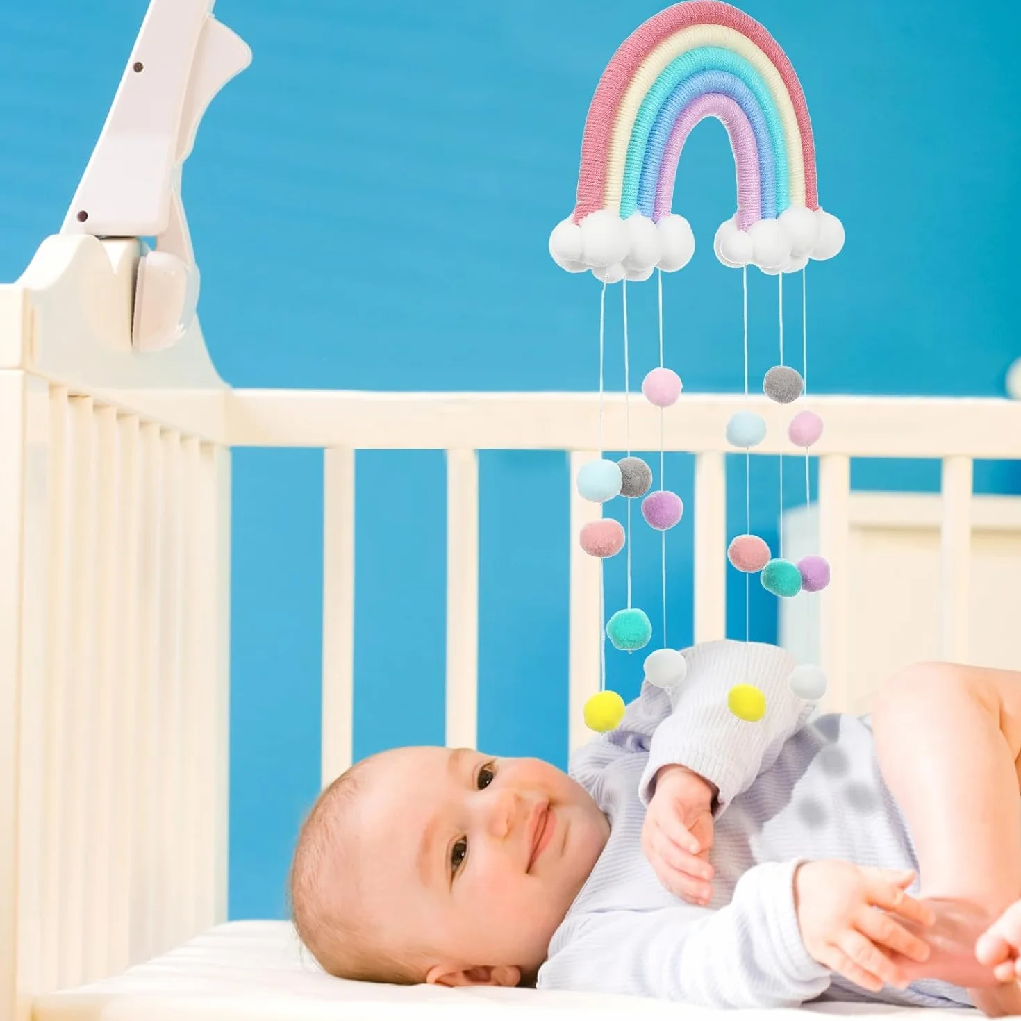 GooODCHANCEUK - Decorazione da parete in macramè arcobaleno con nuvole, ornamenti da parete con pompon, per cameretta dei bambini