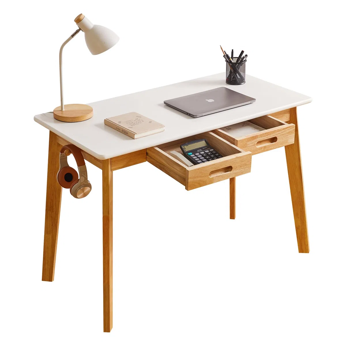 Aibiju Piccola Scrivania per Computer, Scrivania in Legno con Cassetto e asta Pensile, Scrivania da Studio, Scrivania da Lavoro, Tavolo da Pranzo in Legno Bianco + Gambe in Legno Naturale YD-WD01WN