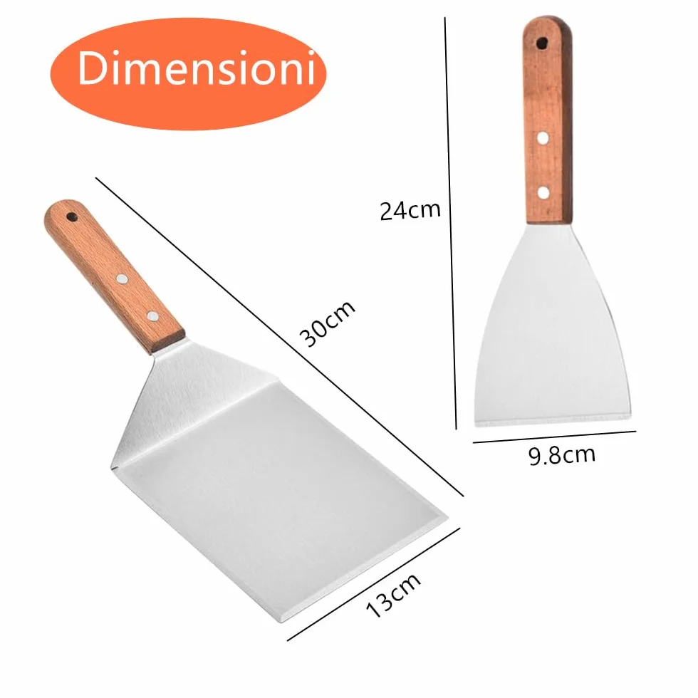 Spatola da Grill Professionale 2Pcs Acciaio Inox Manici Legno Pressa Hamburger Teppanyaki Barbecue Bistecca Pizza