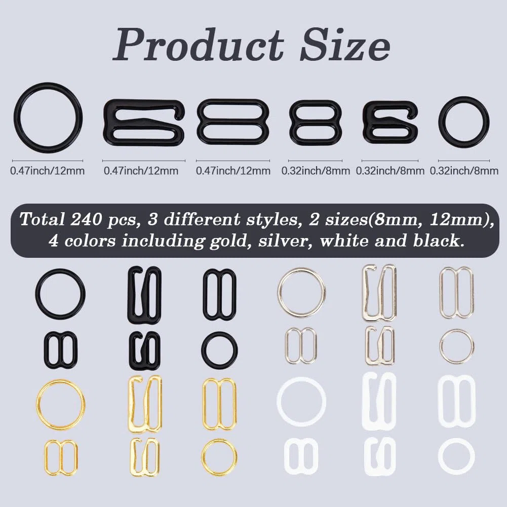 GORGECRAFT 240pz 24 stili Ganci per Reggiseno In Metallo Oro Argento Nero Bianco Ferro Rotondo Ovale Bikini Costume Da Bagno Reggiseno Clip Chiusura Gancio Da Cucito Anelli Cursori di Regolazione