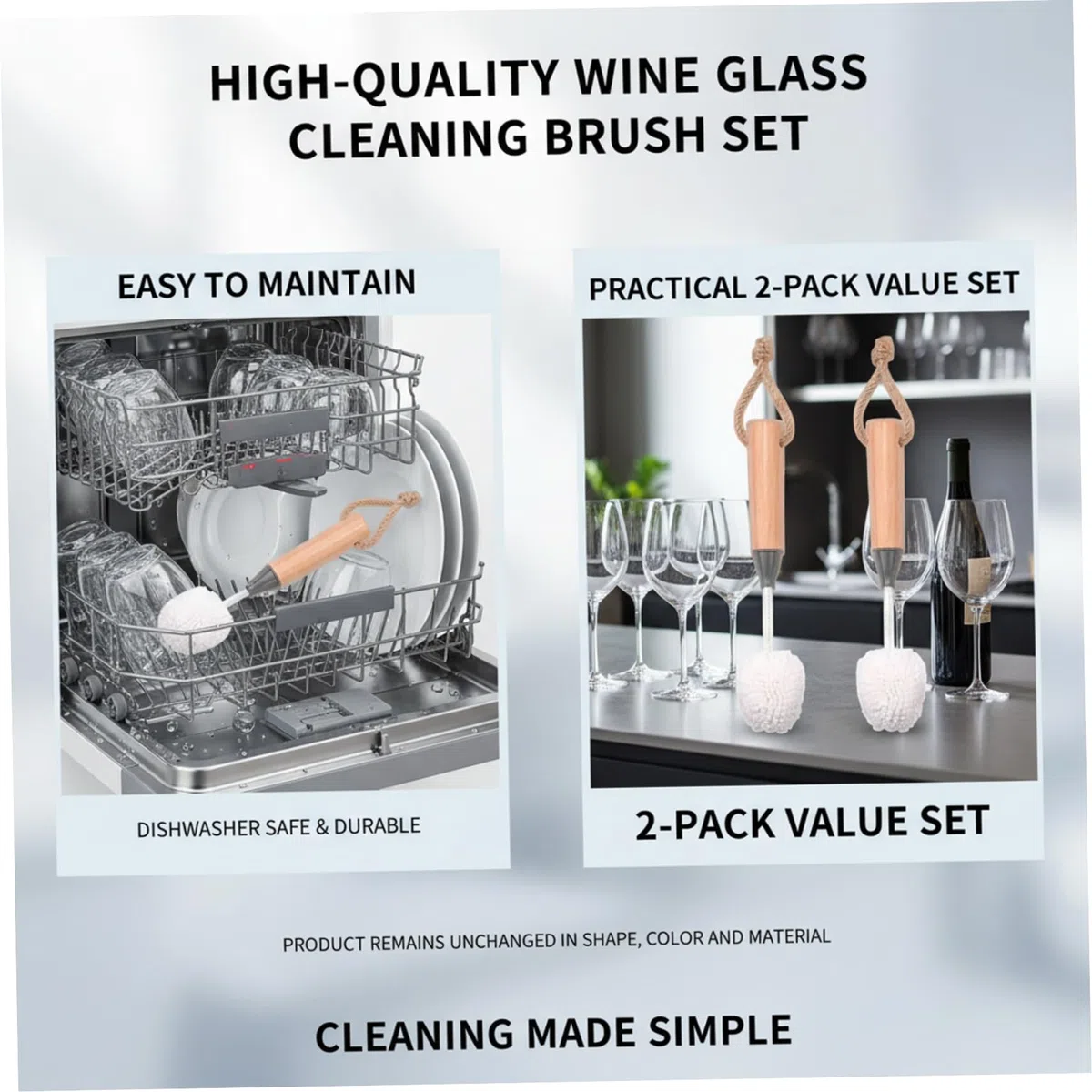 Set di 2 detergenti per bicchieri da vino, spazzole per la pulizia di bottiglie d'acqua con setole antigraffio, con manico in legno, sicure per cristalli, flute da champagne e calici da cucina