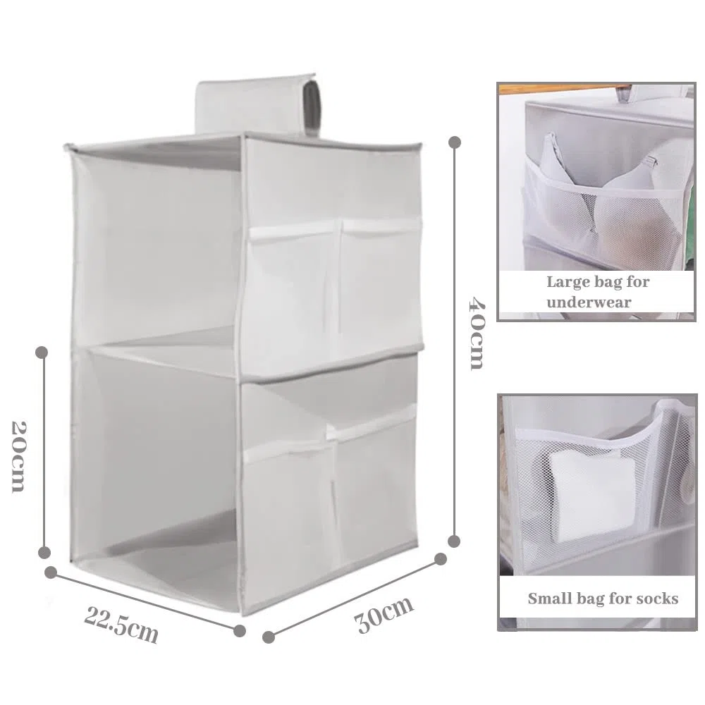 Organizer per Armadio Pensile, Organizzatore Armadio Interno, Pieghevole Portattuto da Appendere con 2 Scomparti 6 Tasche Laterali a Rete, 30 * 22.5 * 80cm (Grigio Due Strati)
