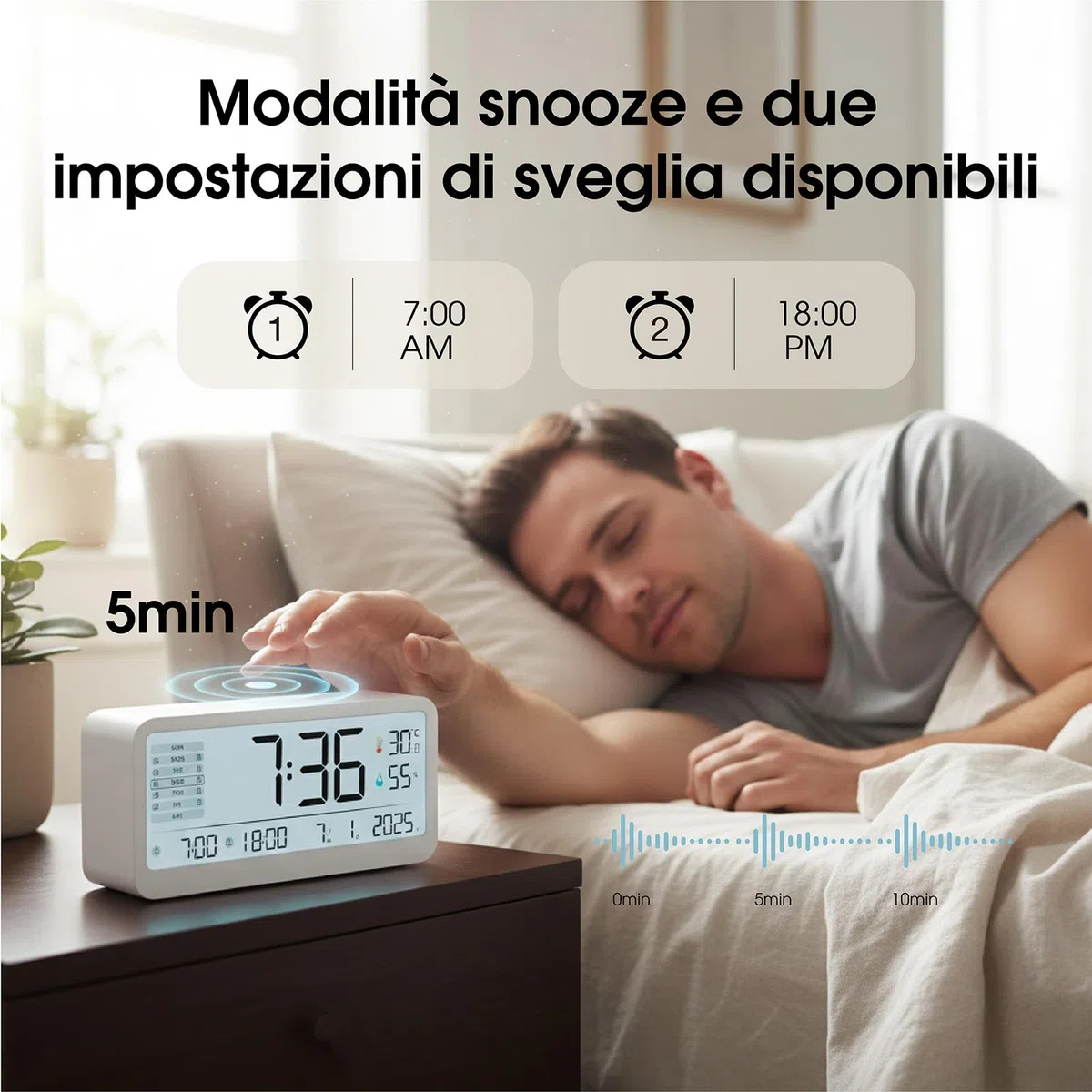 Sveglia Digitale LCD con Sensore di Temperatura e Umidità, Doppio Allarme con Funzione Snooze, Grande Schermo LCD con Retroilluminazione Regolabile, Orologio da Comodino con Visualizzazione della Data