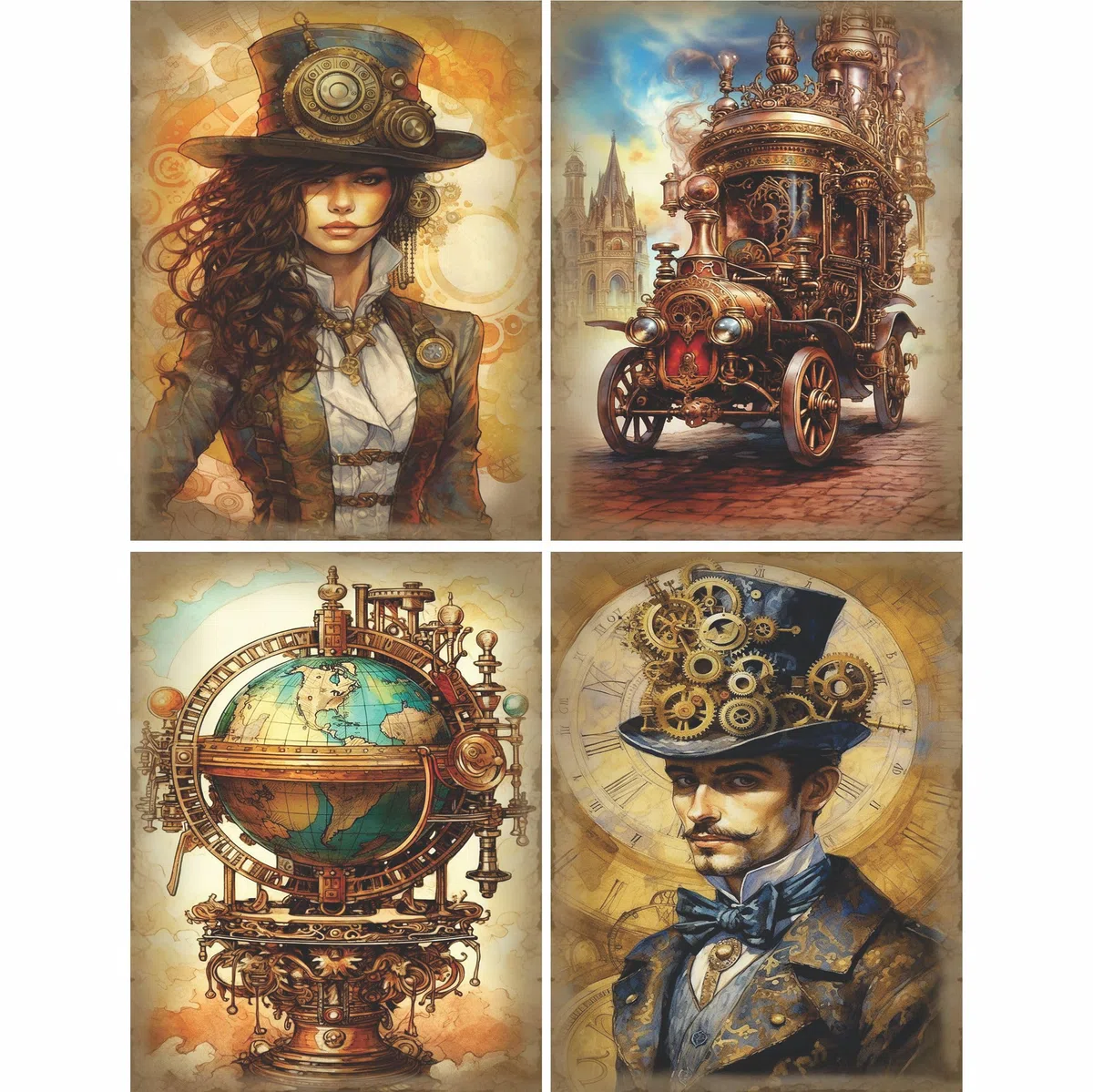 Carta di riso bianca Steampunk, 20 x 26,6cm (6 pezzi) - 6 disegni per scrapbooking, cartoline, artigianato, decoupage da CRAFT KREATIVELY