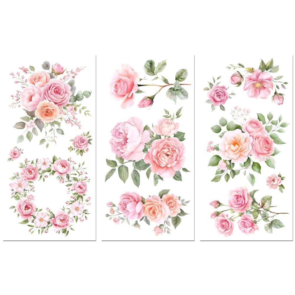 Peacoblue Trasferibili a Strofinamento per Artigianato 3Pcs Fiori rosa 15cmx30cm, UV DTF Trasferimento impermeabile per cassettiera Dresser Vetro Porcellana Legno Plastica