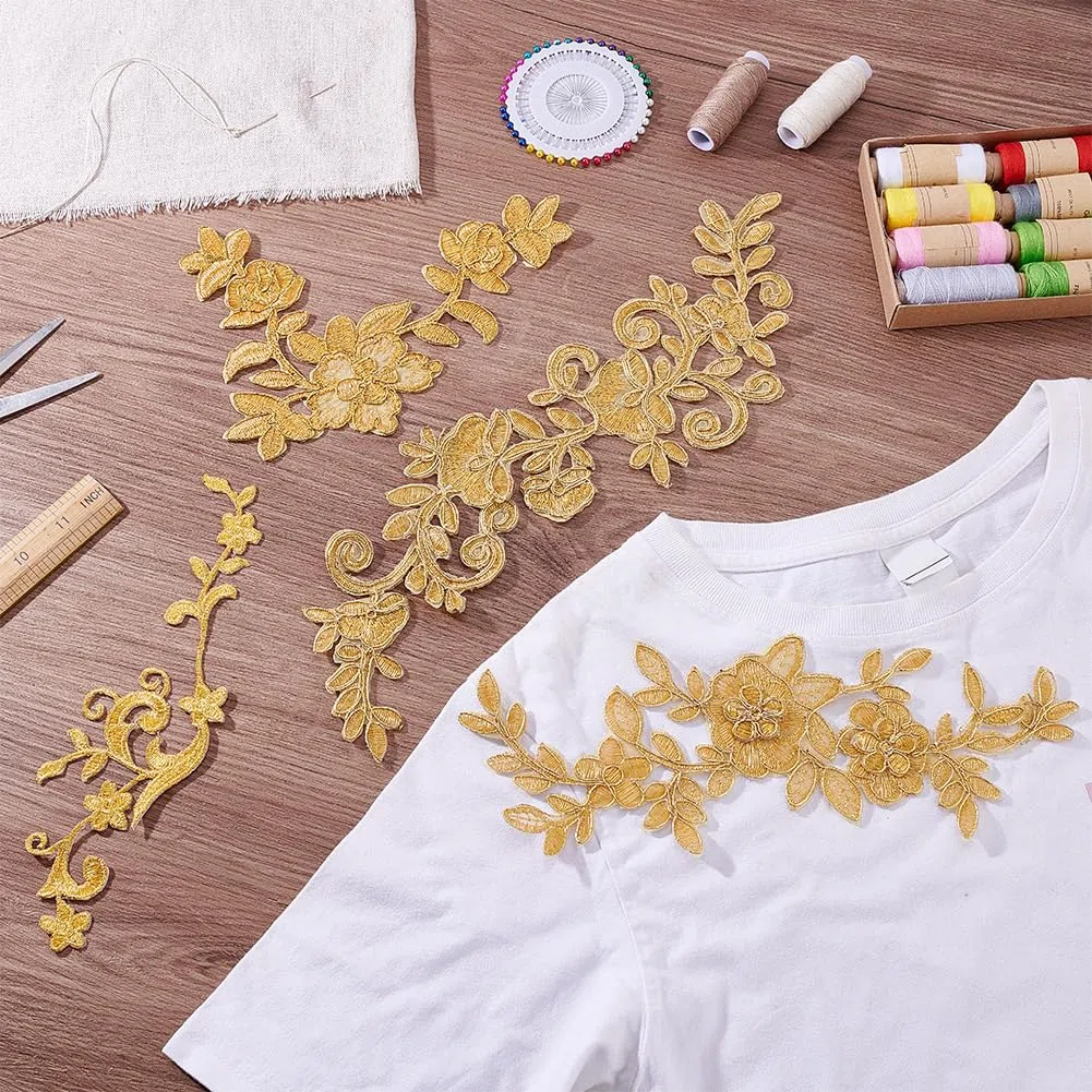 NBEADS 8 Pz 4 Stili Toppe con Fiori In Pizzo Ricamato, Toppe Cucite Applicazioni di Pizzo Floreale Dorato per La Decorazione di Abiti Da Sposa Riparazione di Abbigliamento Zaini Jeans Caps