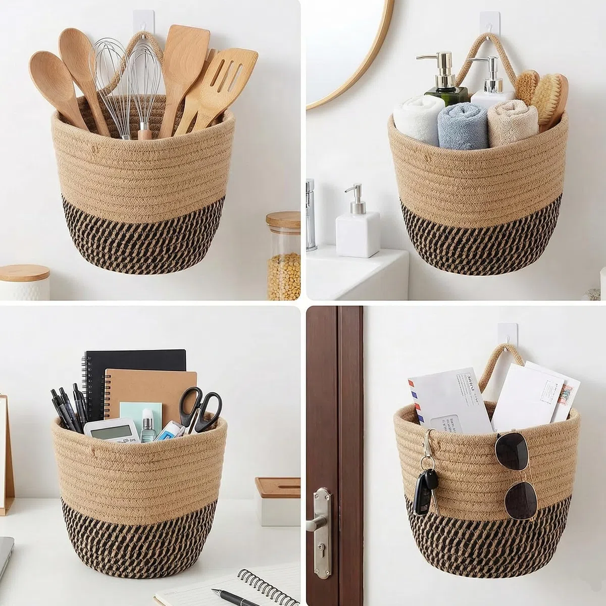 3 cestini portaoggetti con manico, 16 x 15 cm, in corda di cotone intrecciata, da appendere, piccoli cestini da parete, per cucina, bagno, soggiorno (marrone nero)
