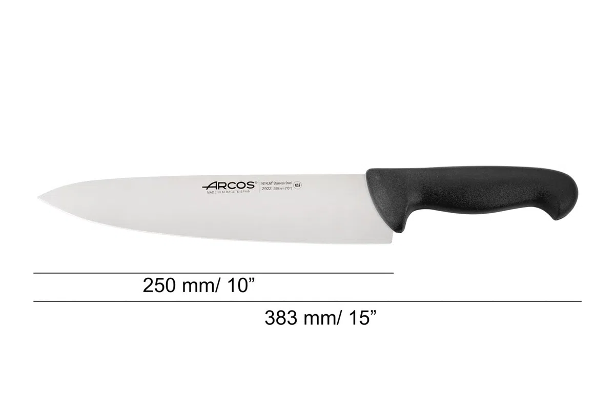 Arcos Coltello Cheferies 2900 – Lama in Acciaio Inossidabile Nitrum 25 cm – Manico in Polipropilene, Sistema di Identificazione Colore per Igiene e Salute – Nero, Argento