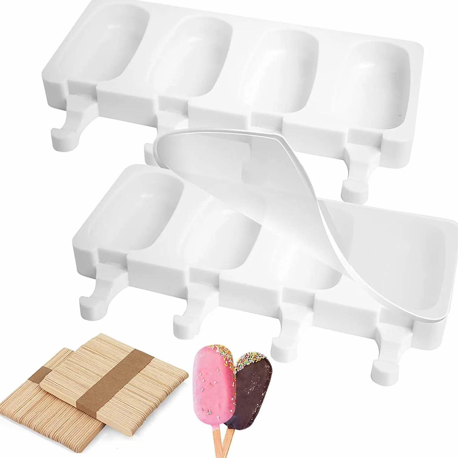 Stampi per Ghiaccioli in Silicone 2 Set con 100 Bastoncini e Coperchio, Formine Ghiaccioli senza BPA, Grande