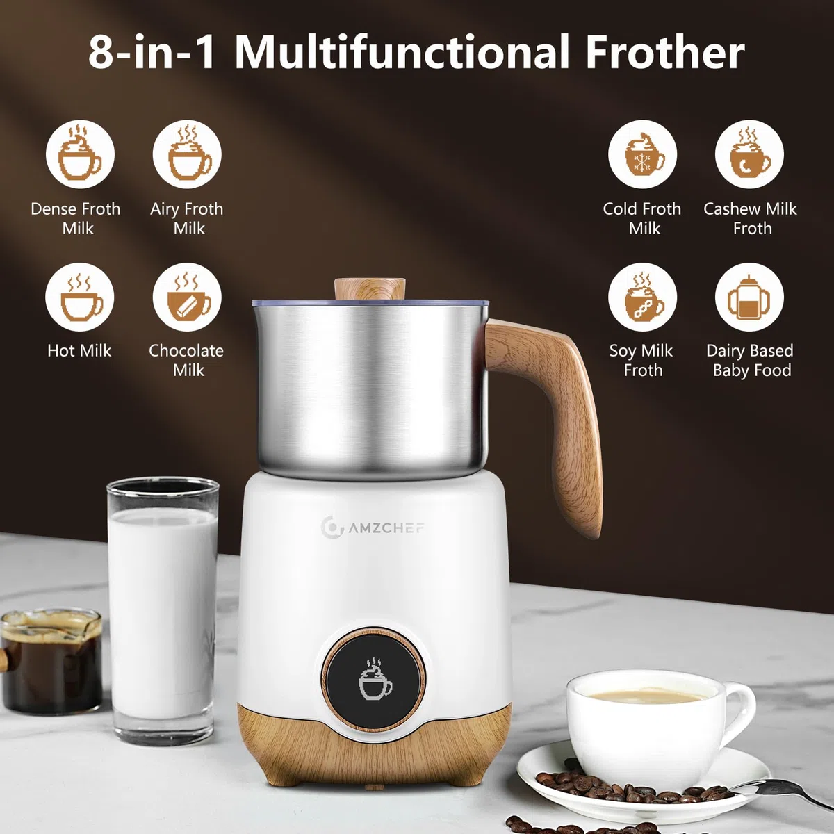 AMZCHEF 8-IN-1 Montalatte Elettrico Cappuccino 550 Watt, 600 ml Montalatte Elettrico con Tazza Divisa per Schiuma di Latte Calda e Fredda, Latte Caldo, Alimenti per Bambini a Base di Latte