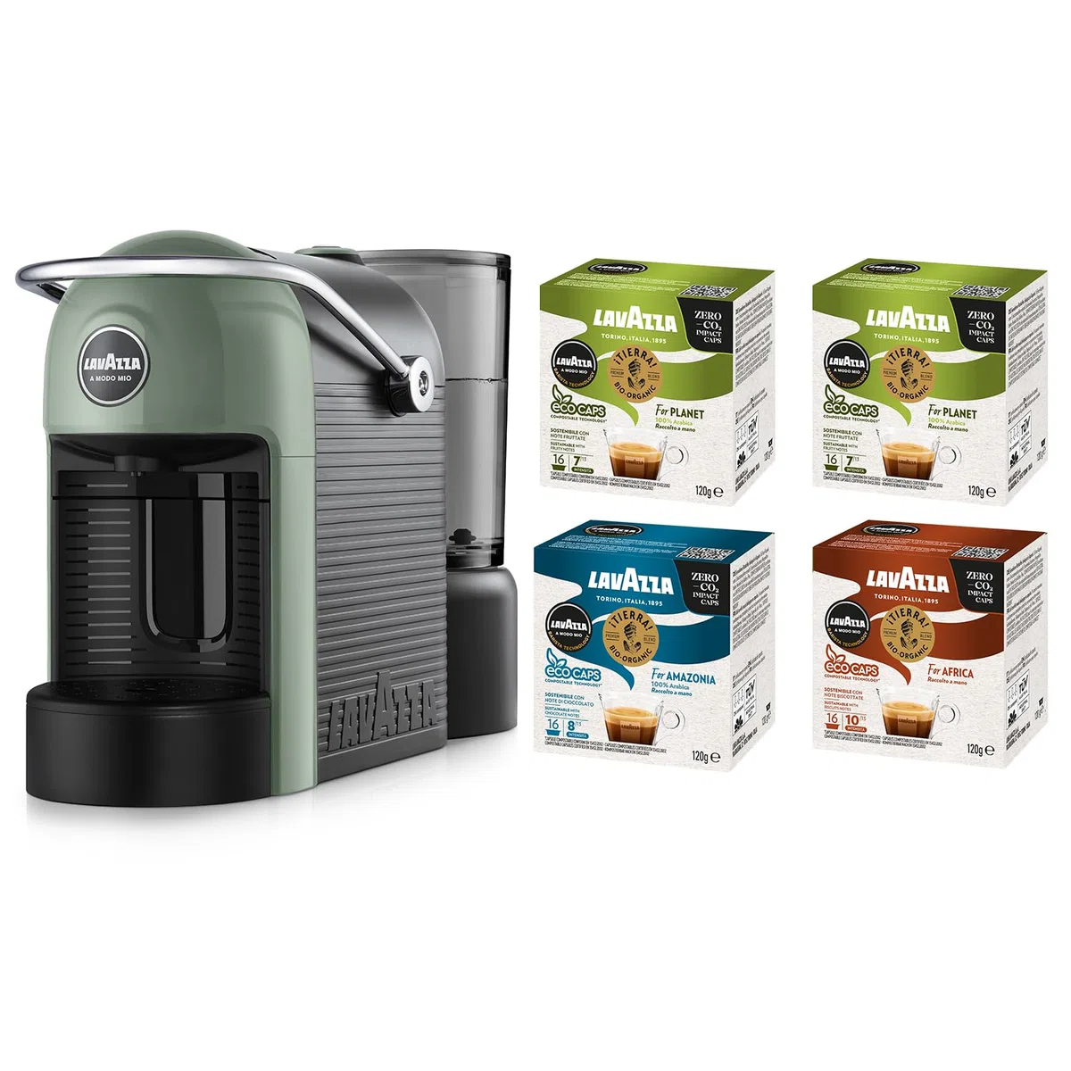 Lavazza A Modo Mio Jolie Evo, Macchina per Caffè Realizzata con 36% di Plastica Riciclata, Macchina Espresso con 64 Capsule Lavazza A Modo Mio Tierra Assortite Incluse, Verde