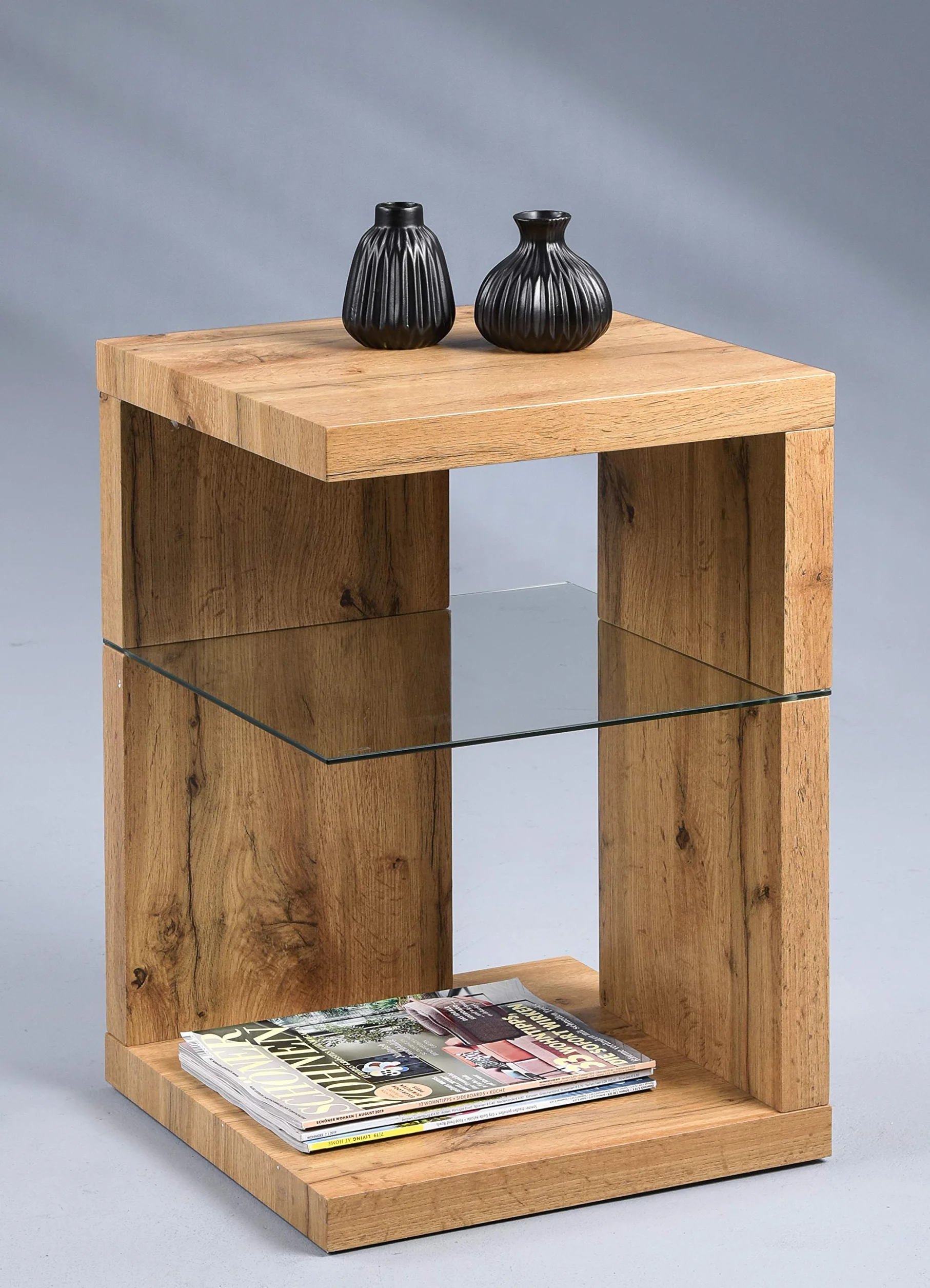 M2 Kollektion Domingo - Tavolino/comodino, in MDF, vetro di sicurezza, in rovere selvatico, 40 x 40 x 60 cm
