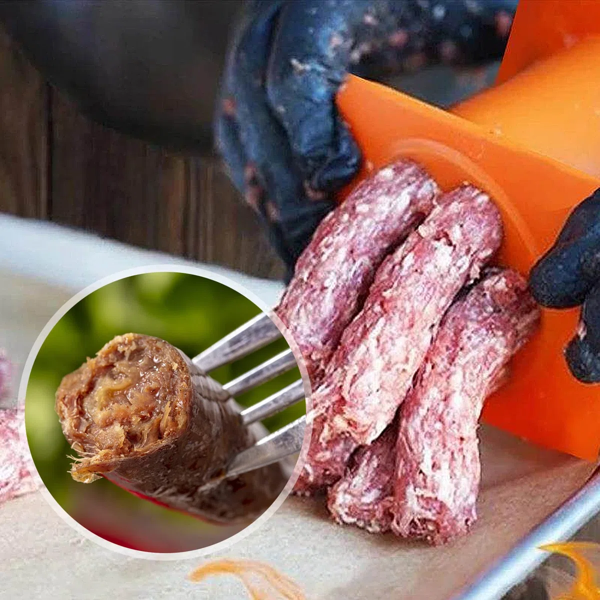 Cevapcici Press Maker, Stampo per Salsicce e Hot Dog, Macchina per Pressare Strisce di Carne a 7 fori, Non Appiccicosa, Macchina Manuale per Fare Salsicce Fai da Te (Arancione)