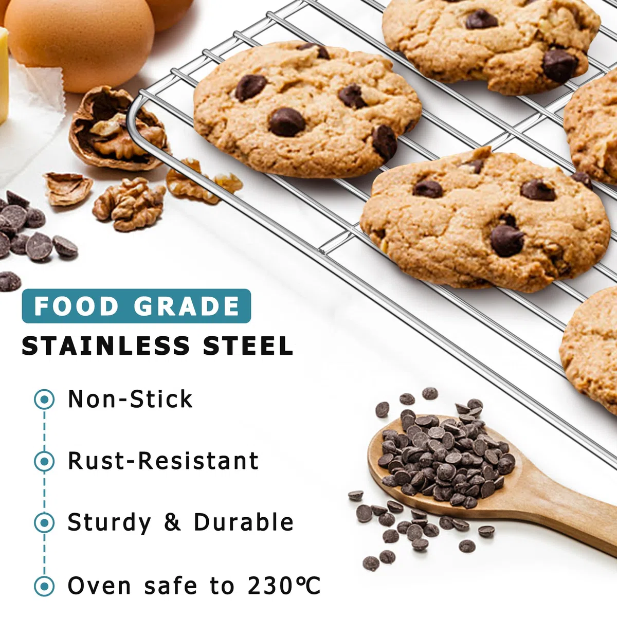 Herogo - Set di 2 griglie di raffreddamento in filo di acciaio inossidabile, per arrostire e raffreddare, 22 x 16 x 1,5 cm, piccola mensola rettangolare per forno per torte, biscotti, pane, adatta al