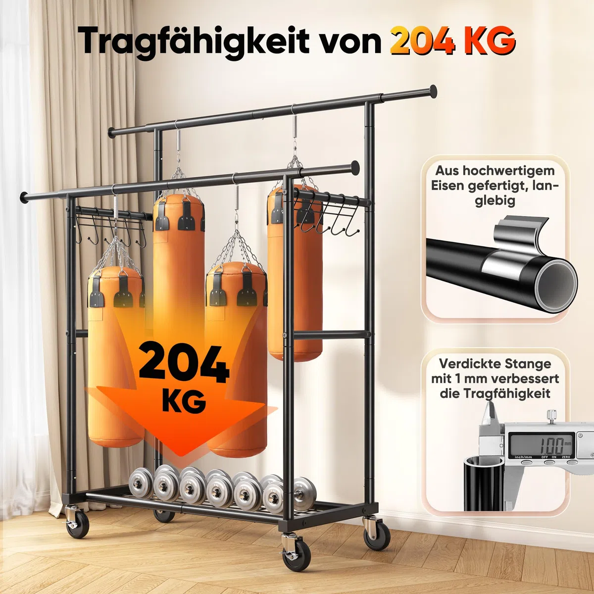 HOKEEPER Appendiabiti a Doppia Astella Resistente 204kg con Ruote e Ripiano, Portatile per Camera da Letto, Lavanderia e Cappotti - Nero