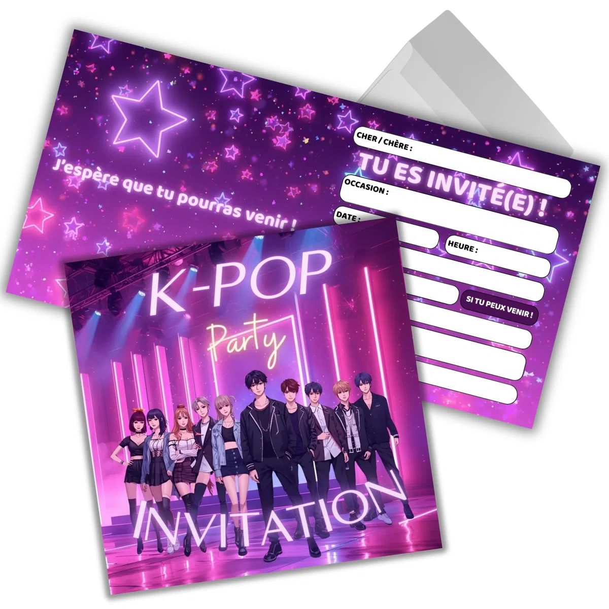 Set di 12 biglietti quadrati (12x12 cm) con buste - Inviti di compleanno eleganti per uomini e donne (K-Pop)