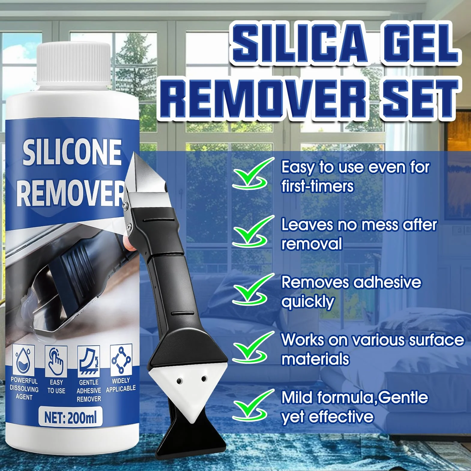 Miioto Rimuovi Colla, Rimuovi Silicone, Togli Silicone con Raschietto, Senza Residuo Rimuovi Etichette, Sciogli Silicone per Bagni, Cucine e Automobili (200ml)
