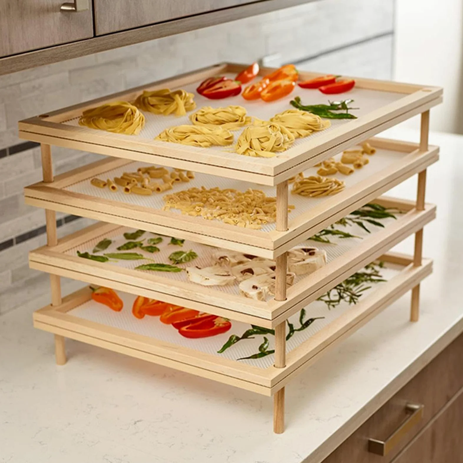 Essiccatore per alimenti in legno - Essiccatore per pasta impilabile, scaffale per frutta | Stendino per pasta in legno con rete disidratata, taglierino staccabile, stendibiancheria per alimenti da