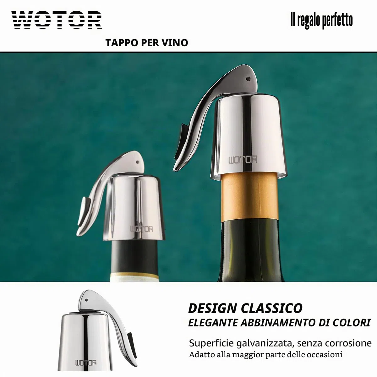 WOTOR Tappi bottiglie vino in acciaio inox, Tappo per vino con guarnizione in silicone, riutilizzabile accessori vino, a prova di perdite, per mantenere il vino fresco, confezione da 2 (argento)