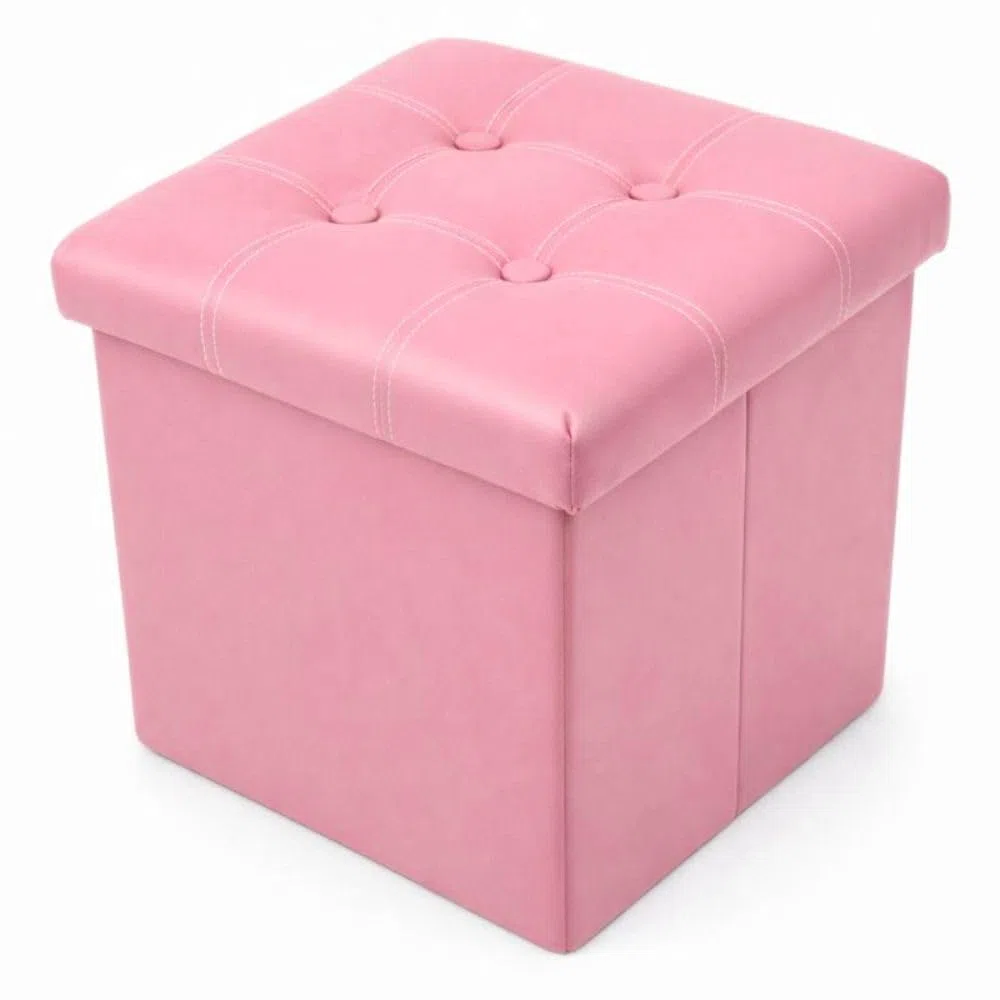 Pouf Cubo Contenitore in Ecopelle 38x38 cm – Seduta Imbottita con Baule Salvaspazio – Trapuntato con Bottoni – Vari Colori (Rosa)