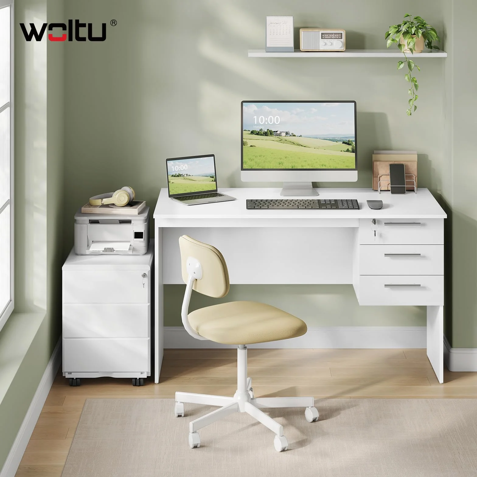 WOLTU Scrivania con 3 Cassetti, 120x60 cm, Bianco, Tavolo da Lavoro, Scrivania per Computer, Porta PC in Legno